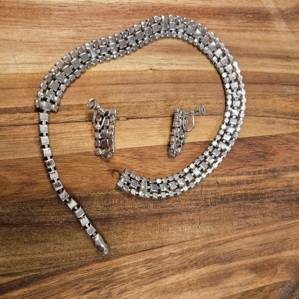 Vintage Blue Rhinestone Choker Necklace & Screw-Back Earrings Set 1950s Glam - Picture 8 of 10